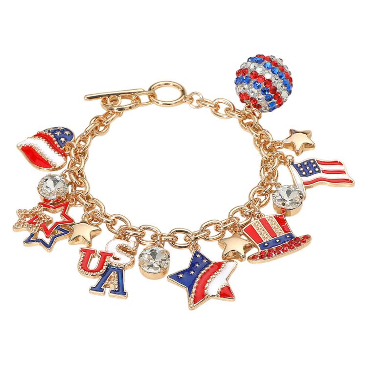 Enamel Stone Paved American USA Flag Message Shamballa Ball Charm Embellished Toggle Bracelet
