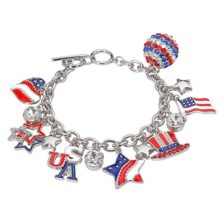 Enamel Stone Paved American USA Flag Message Shamballa Ball Charm Embellished Toggle Bracelet